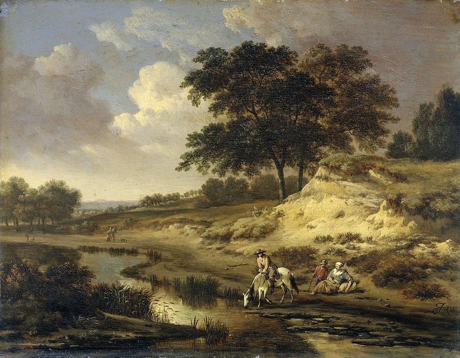 Landscape with a Rider Watering his Horse. Painting by Jan Wijnants