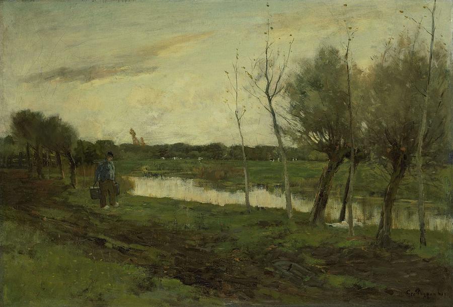Landscape with a speed. Painting by Geo Poggenbeek -1853-1903-