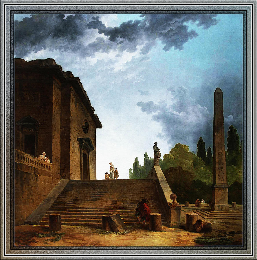 Landscape with a Stairs and Obelisk by Hubert Robert Painting by Rolando Burbon
