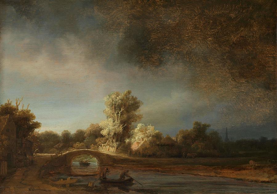 Landscape with a Stone Bridge. Landscape with Stone Bridge. Painting by Rembrandt -1606-1669-