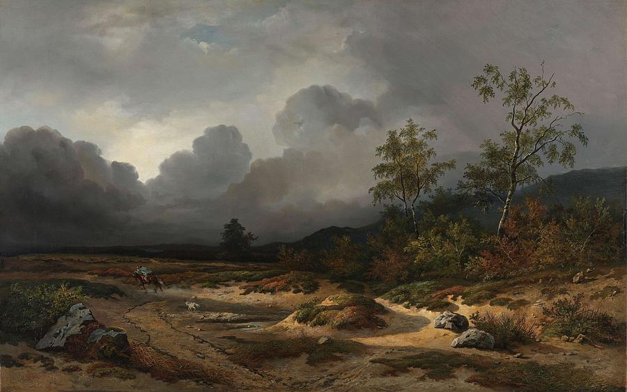 Landscape with a Thunderstorm Brewing. Landscape with approaching Storm. Painting by Willem Roelofs -1822-1897-
