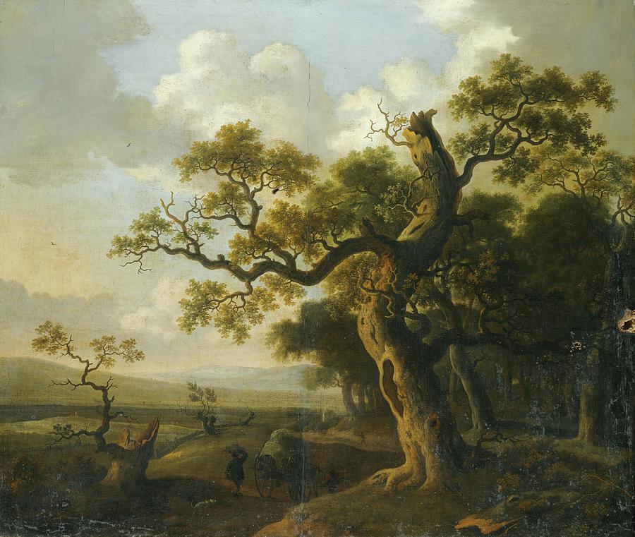 Tree Painting - Landscape With A Wagon Near An Oak Tree by Barend Appelman
