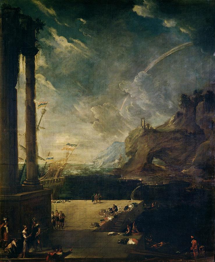 Landscape with Aeneas leaving Carthage, Late 17th century, Spanish Sc... Painting by Benito Manuel Aguero -1626-1670-