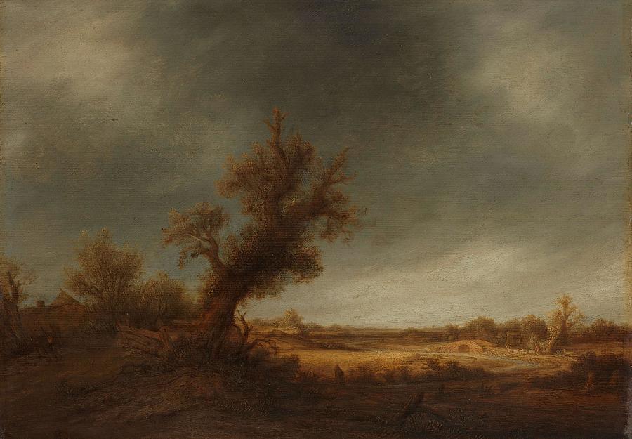 Landscape with an old oak. Lanscape with an old oak. Painting by Adriaen van Ostade -1610-1685-