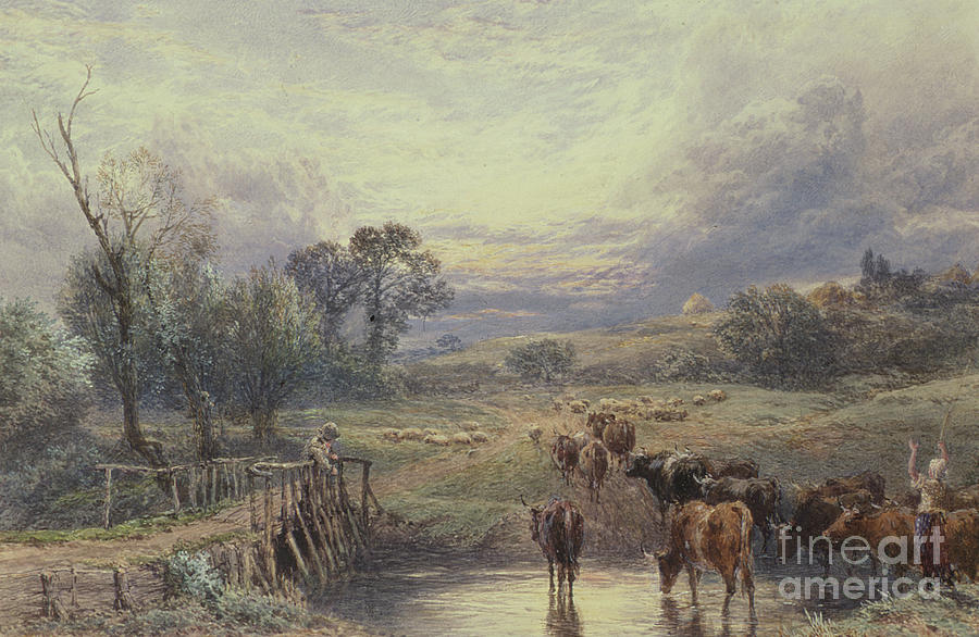 Landscape with Cattle and Bridge Painting by Myles Birket Foster