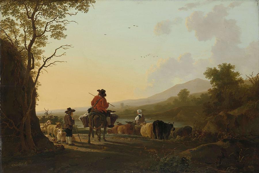 Landscape with Cattle Driver and Shepherd. Painting by Jacob van Strij