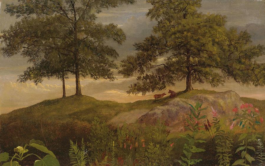 Albert Bierstadt  Painting - Landscape With Cows by Albert Bierstadt