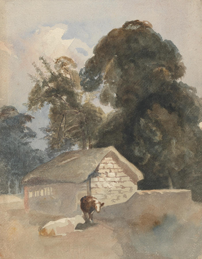 Landscape with Cows and Barn Drawing by Peter De Wint