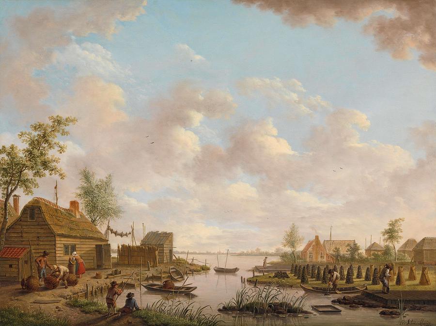 Landscape with Fishermen and Farmers Extracting Peat in a Marsh. Landschap met vissers en turfste... Painting by Hendrik Willem Schweickhardt -mentioned on object-