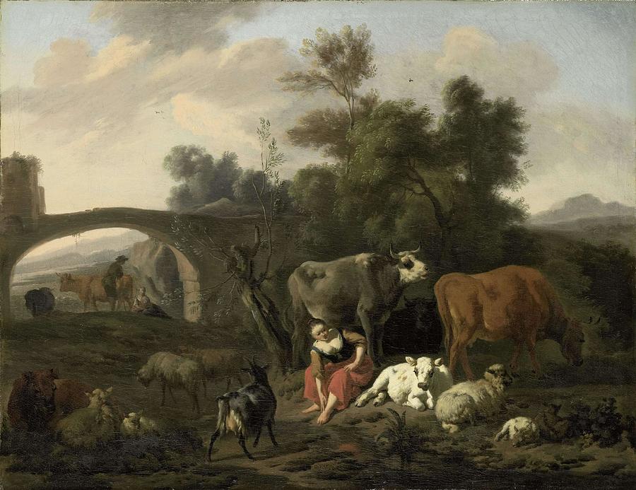 Landscape with Herdsmen and Cattle. Painting by Dirck van Bergen