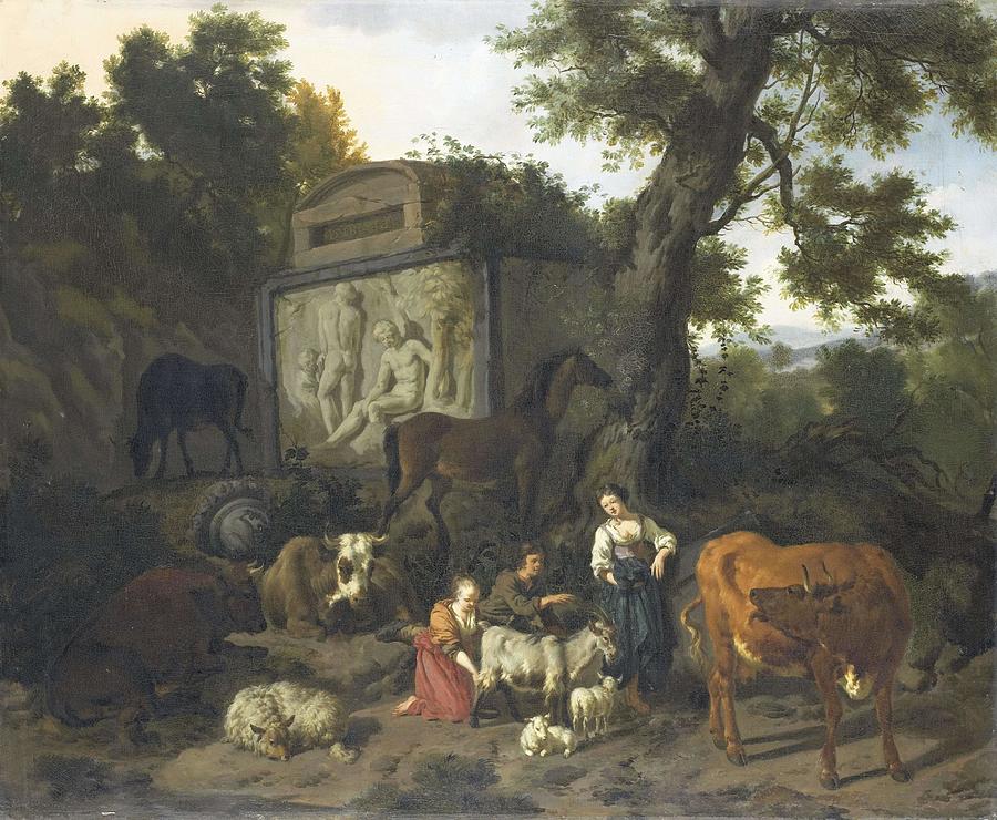 Landscape with Herdsmen and Cattle near a Tomb. Painting by Dirck van Bergen