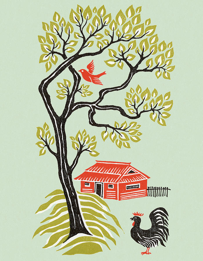 Nature Drawing - Landscape With House and Rooster by CSA Images