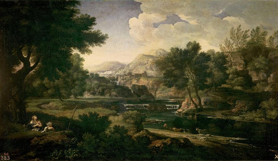 Landscape with Magdalen Worshipping the Cross, ca. 1660, Italian School, Canv... Painting by Gaspard Dughet -1615-1675-