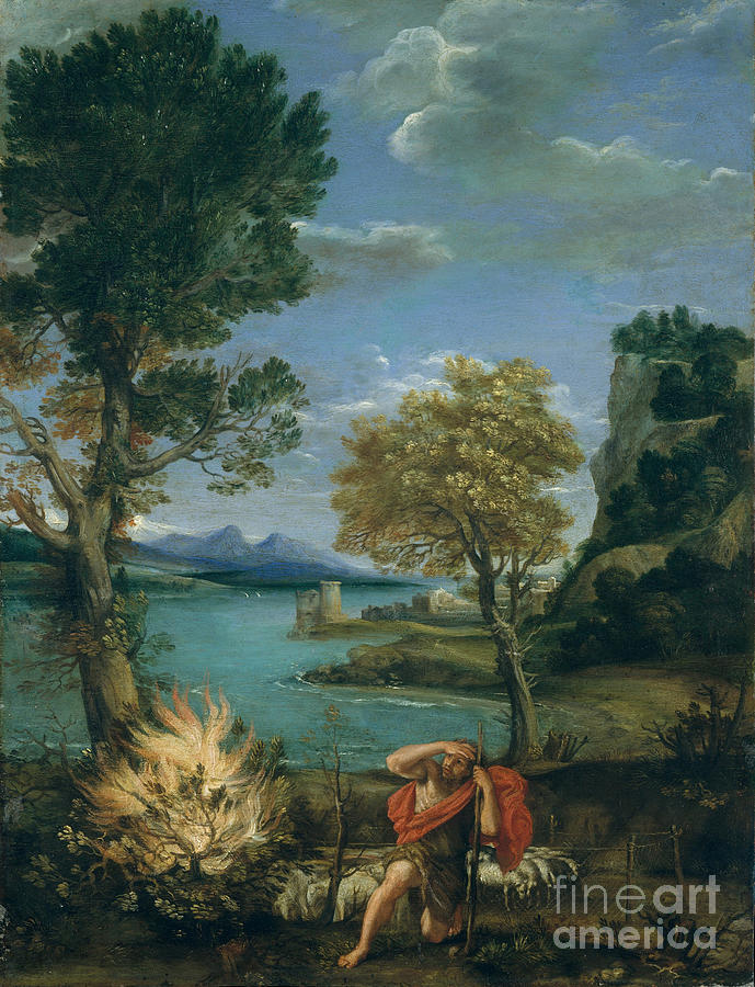 Animal Painting - Landscape With Moses And The Burning Bush, 1610-16 by Domenichino