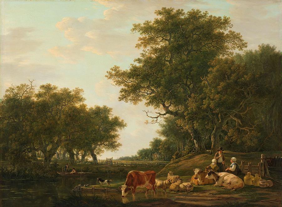 Landscape with Peasants with their Cattle and Anglers on the Water. Painting by Jacob van Strij