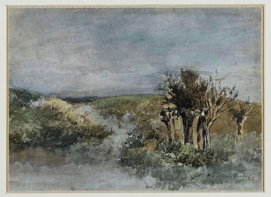 Landscape with pollard willows along a ditch. Painting by Jan Hendrik Weissenbruch -1824-1903-
