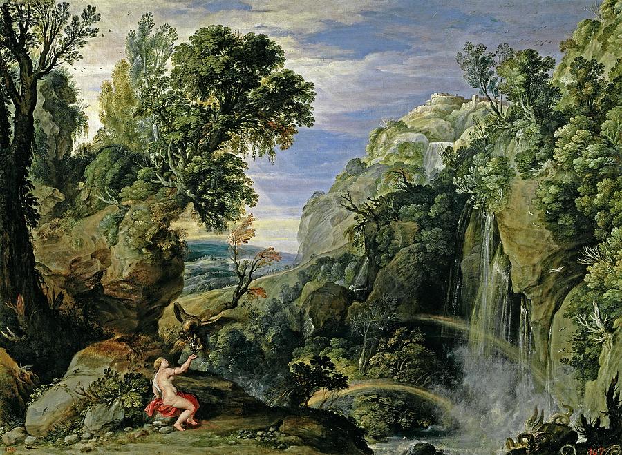 Landscape with Psyche and Jupiter, 1610, ca. 1630, Flemish Scho... Painting by Peter Paul Rubens -1577-1640- Paul Bril -1554-1626-