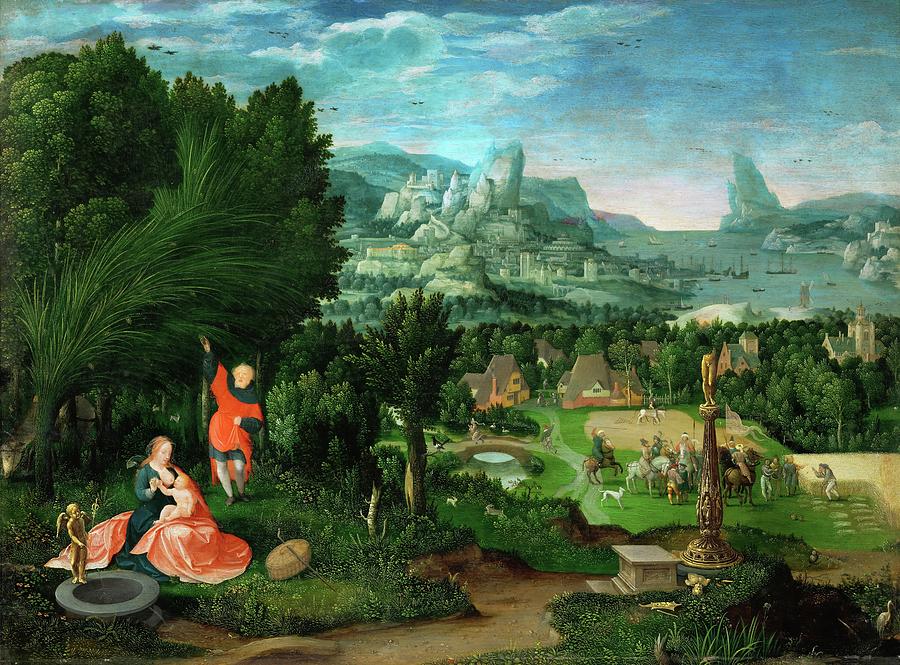 Landscape with rest during the Flight to Egypt. Second half 16th Oakwood, 38,5 x 51,5 cm Inv. 950. Painting by Master Female Half-Figures -16th cent -