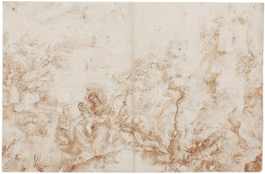 Landscape with Rest on the Flight to Egypt. Ca. 1595. Pencil, Grey-brown ink on da... Painting by Guido Reni -1575-1642-