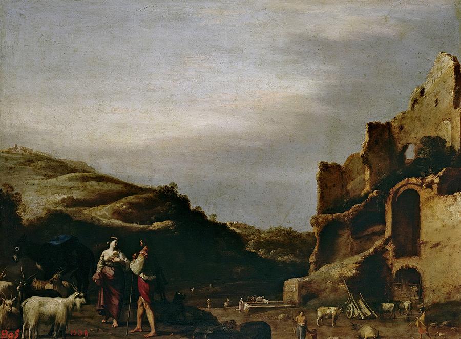 Landscape with Roman Ruins and Shephers, 1622-1623, Dutch School, Oi... Painting by Cornelius van Poelenburgh -c 1590-1667-