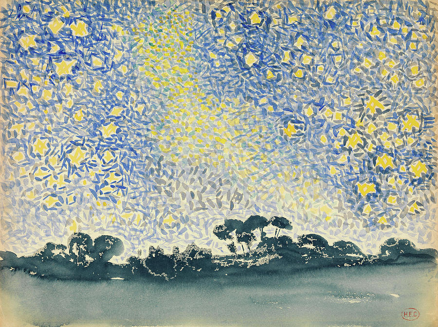 Henri Edmond Cross Painting - Landscape with Stars. by Henri-Edmond Cross -Henri-Edmond Delacroix-