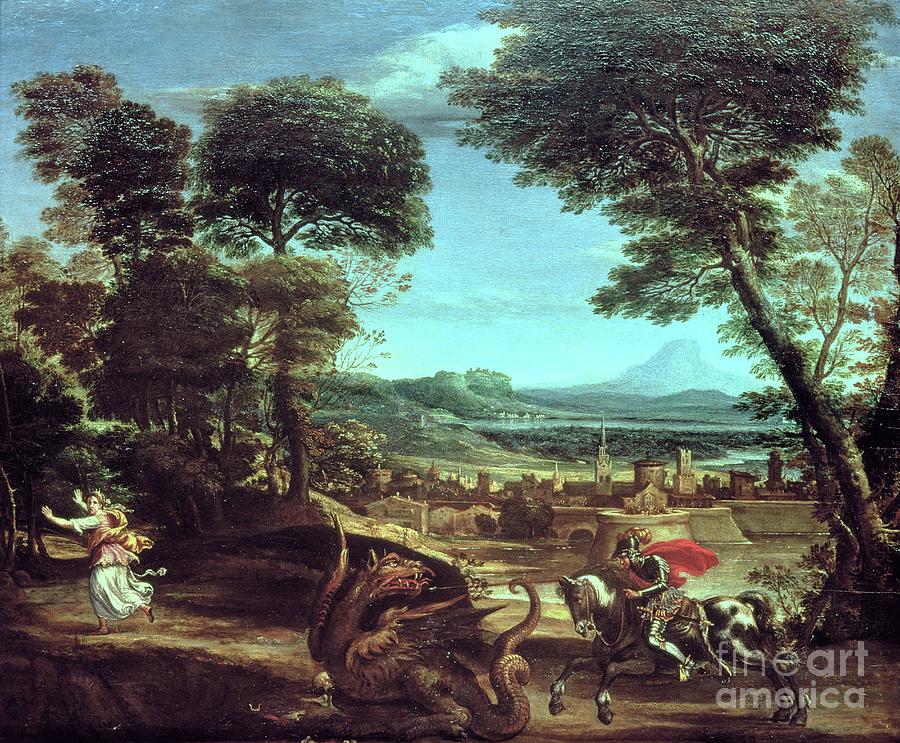 Dragon Painting - Landscape With St.george And The Dragon, C.1610 by Domenichino