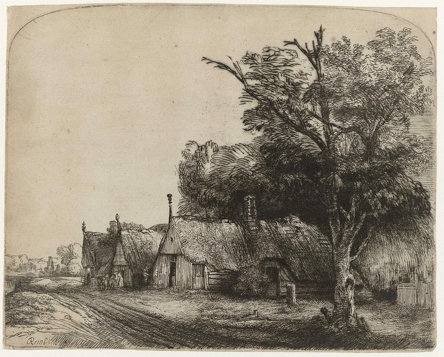 Landscape with Three Cottages along a Road, Rembrandt Harmensz. van Rijn, 1650 Painting by ...