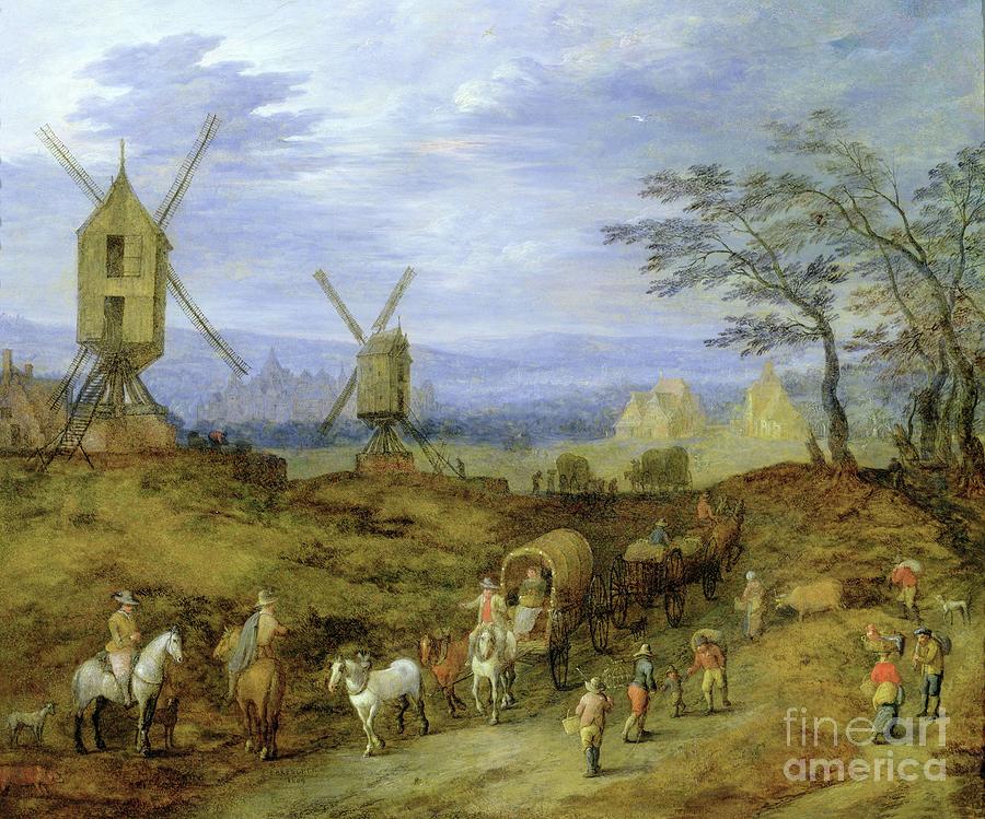 Landscape With Travellers Near Windmills Painting by Jan The Younger Brueghel