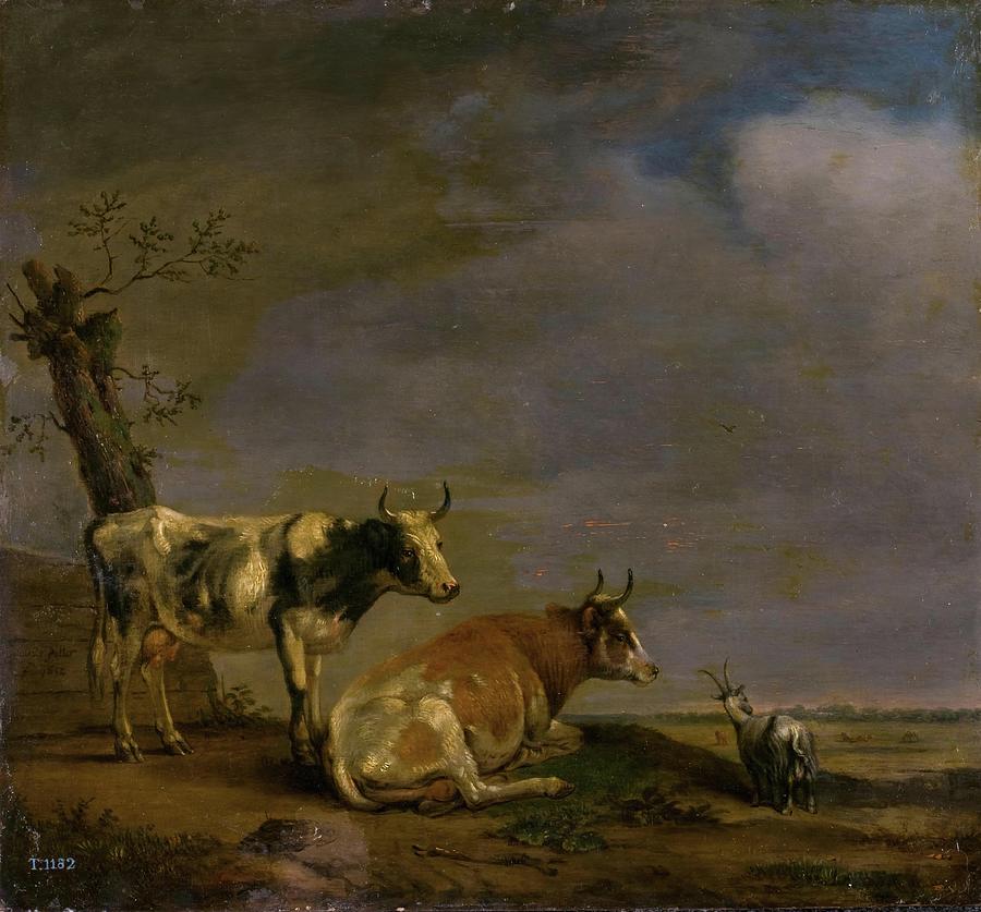 Landscape with Two Cows and a Goat, 1652, Dutch School, Oil on panel, 30 cm x 3... Painting by Paulus Potter -1625-1654-