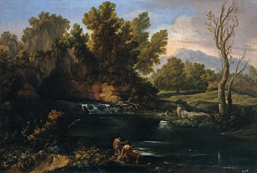 Landscape with Waterfall, 1753-1760, Italian School, Oil on canvas, 157 cm ... Painting by Corrado Giaquinto -c 1703-1765-