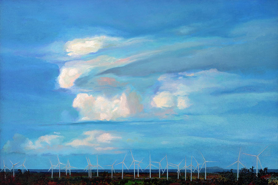 Landscape Painting - Landscape with Wind Turbines in Santa Isabel, Puerto Rico by Ben Morales-Correa