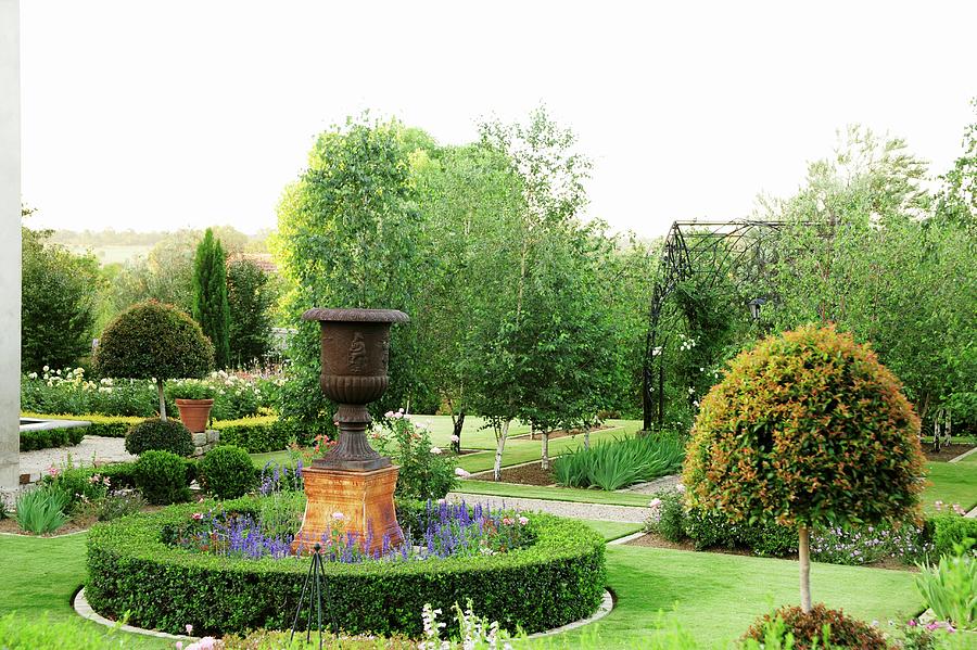 Landscaped Garden With Paths And Clipped Box Hedges; Central Large Urn In Bed Of Summer Flowers Photograph by Great Stock!