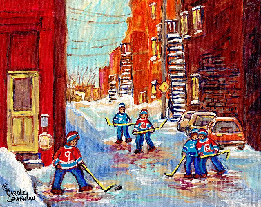 Laneway Hockey Game Off 4th Ave Verdun Winter Staircase Snow Scene C Spandau Southwest Montreal Art  Painting by Carole Spandau