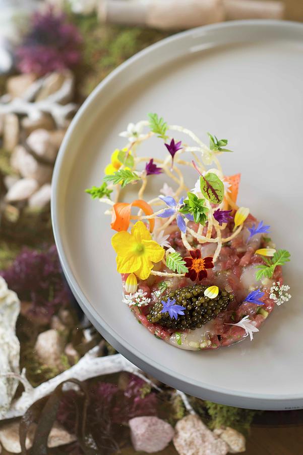Langoustine And Veal Fillet Tatar, Caviar And Flowers By Tohru Nakamura From Geisels Werneckhof In Munich Photograph by Jalag / Michael Schinharl