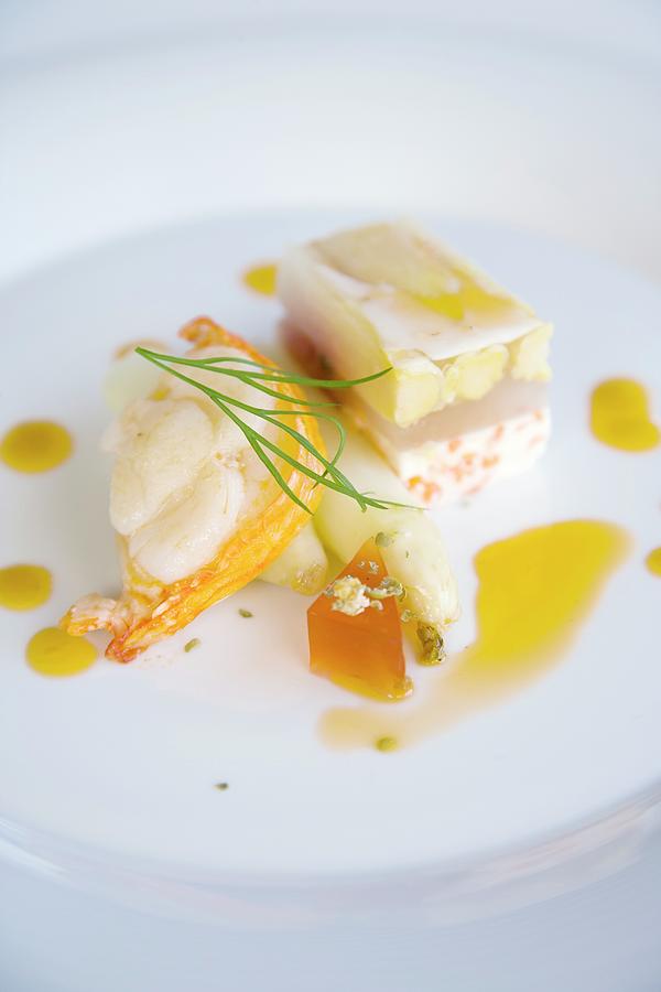 Langoustine Medallions With Asparagus Terrine And Strawberry And Pepper Jelly Photograph by Michael Wissing