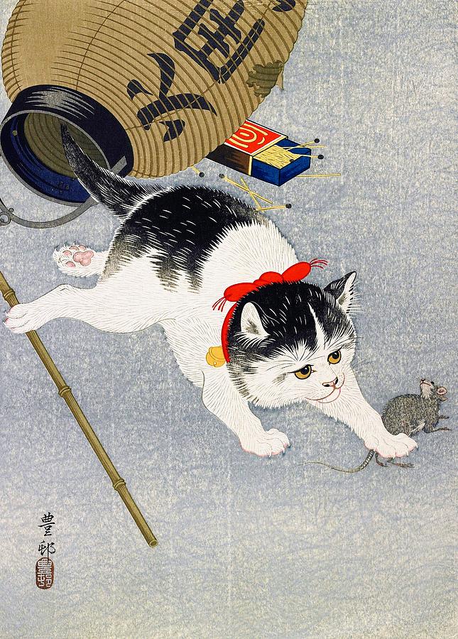 Ohara Koson Painting - Lantern and Cat - Digital Remastered Edition by Ohara Koson