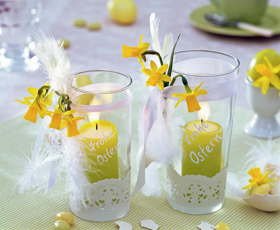 Lanterns With Narcissus, Cake Tip, Feathers, Bow Photograph by Friedrich Strauss