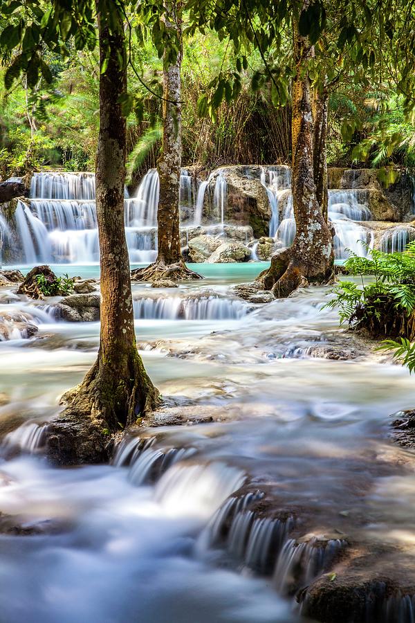 Laos, North Region, Louangphrabang, Turquoise Water Of The Kuang Si Waterfall Digital Art by Daniele Coppa