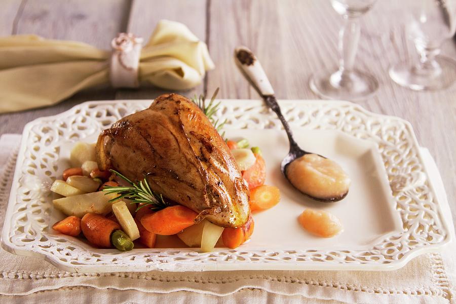 Larded Pheasant Breast On Carrot Medley With Apple Sauce Photograph by Monika Halmos
