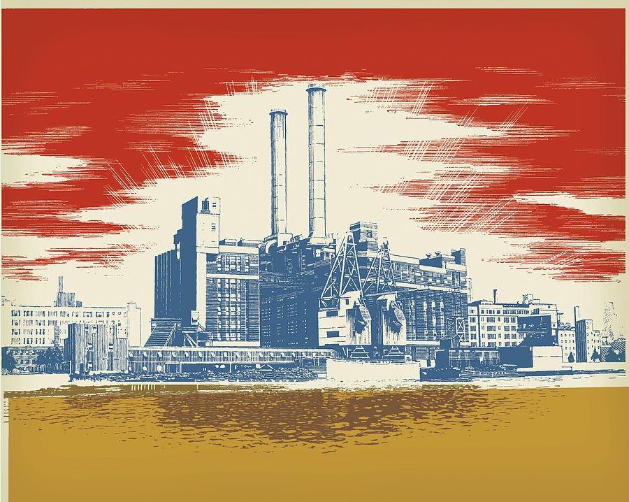 Sunset Drawing - Large Factory With Smokestacks by CSA Images