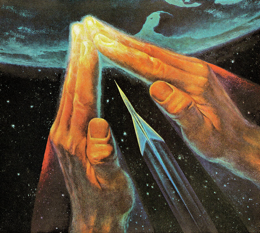 Science Fiction Drawing - Large Hands Guiding a Rocketship in Space by CSA Images