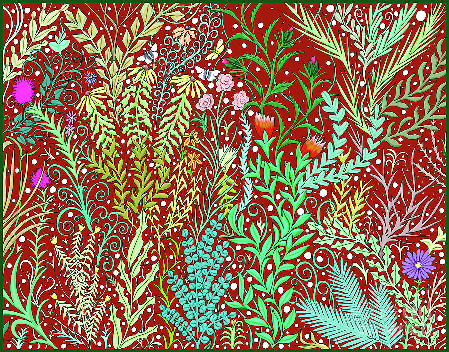 Large Millefleurs Tapestry Design in Dark Red Tapestry - Textile by Lise Winne