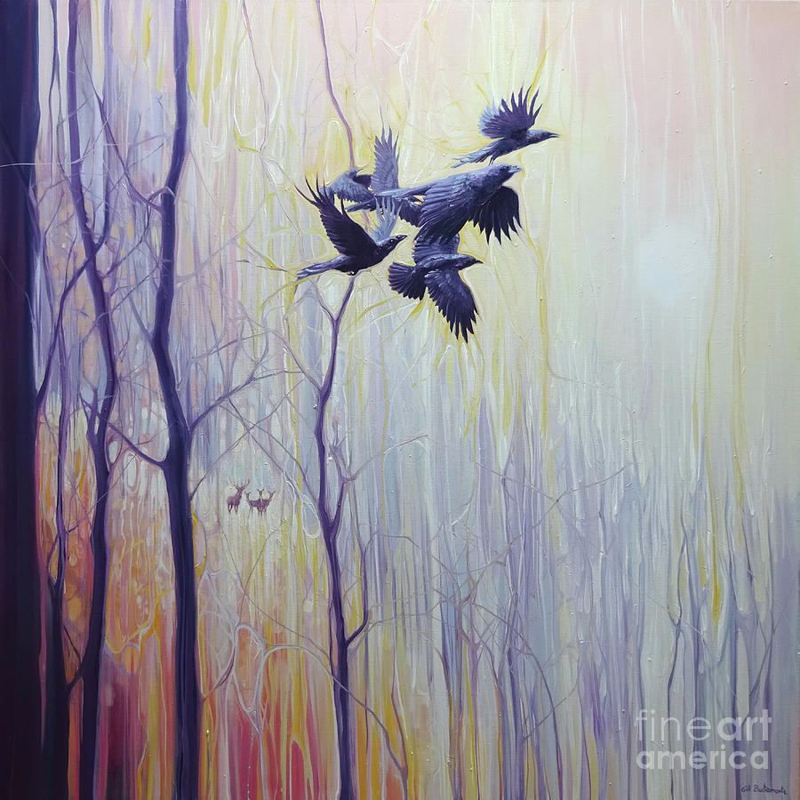Tree Painting - LARGE ORIGINAL Oil Painting - Forest Dynasties - ravens and deer in a winter forest by Gill Bustamante