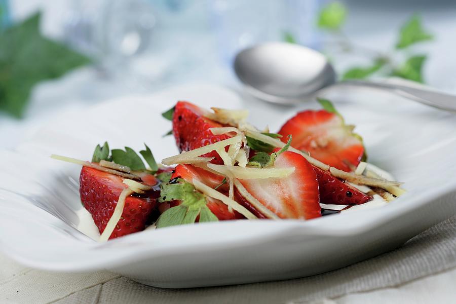 Large Strawberries With Vinegar Syrup And Ginger Photograph by Gastromedia