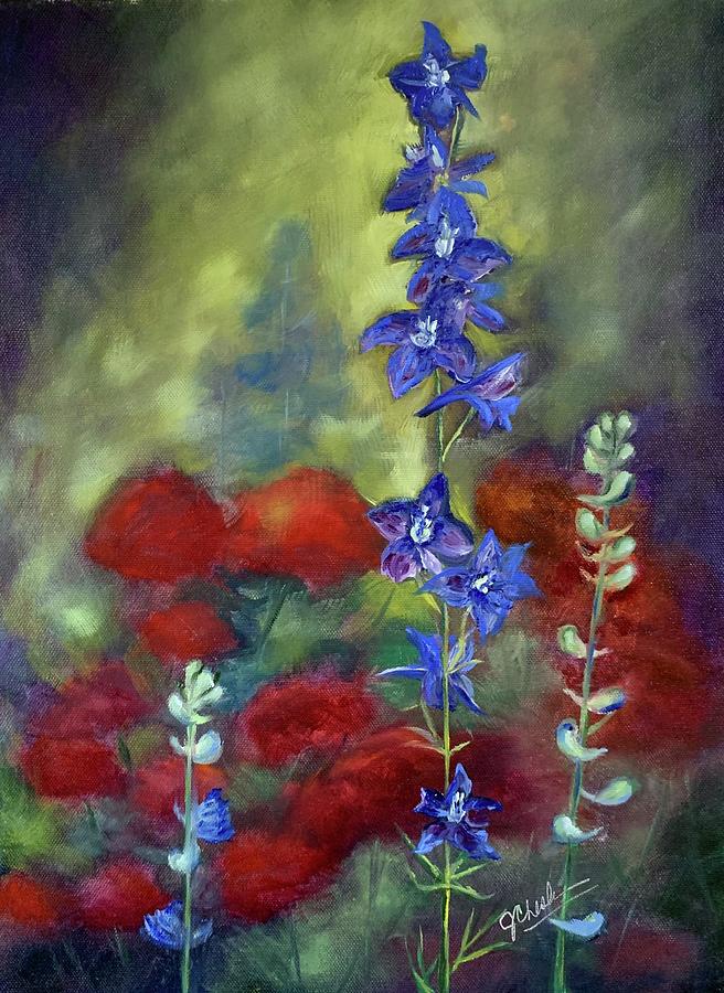 Larkspur and Roses Painting by Jan Chesler