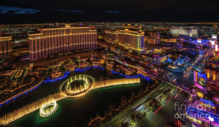 Las Vegas Photography Bellagio Fountains And The Strip At Night Photograph