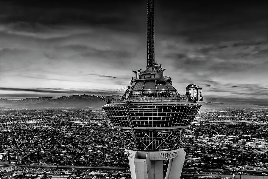 Las Vegas Photograph - Las Vegas Stratosphere Aerial BW by Susan Candelario