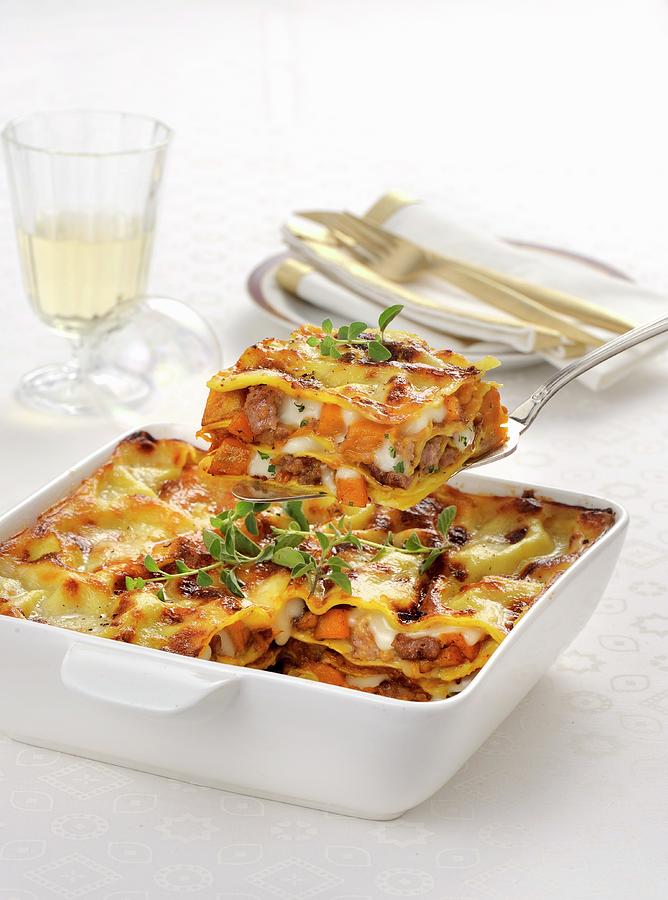 Lasagne Con Carne E Zucca italian Pasta Bake With Minced Meat And Pumpkin Photograph by Franco Pizzochero