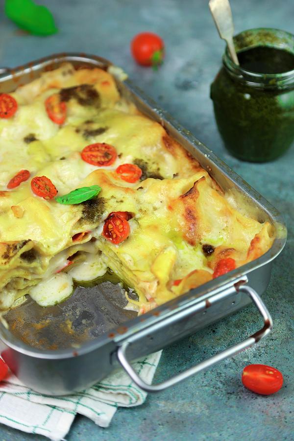Lasagne With Pesto And Cherry Tomatoes Photograph by Claudia Gargioni