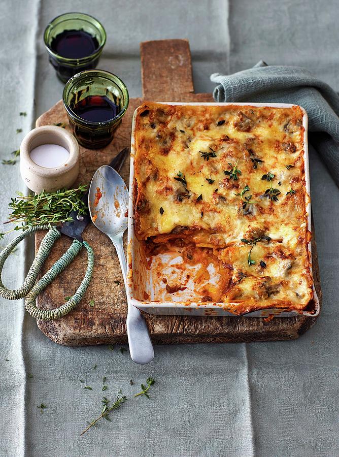 Lasagne With Thyme In A Casesrole Dish Photograph by Jalag / Julia Hoersch